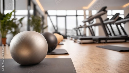 Fitness Studio Space. Neatly Organized Space with Yoga Balls and Pilates Equipment photo