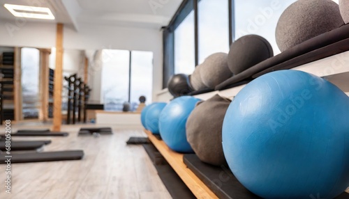Fitness Studio Space. Neatly Organized Space with Yoga Balls and Pilates Equipment photo