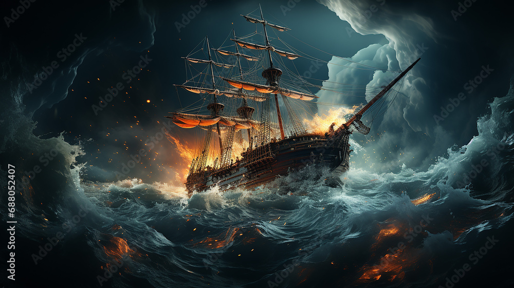 3d rendered photo of ship on the ocean made with generative AI 3d rendered photo of ship on the ocean made with generative AI