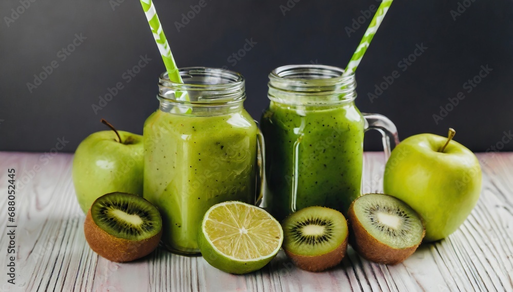 Glass jar mugs with green health smoothie, kale leaves, lime, apple, kiwi Glass jar mugs with green health smoothie, kale leaves, lime, apple, kiwi