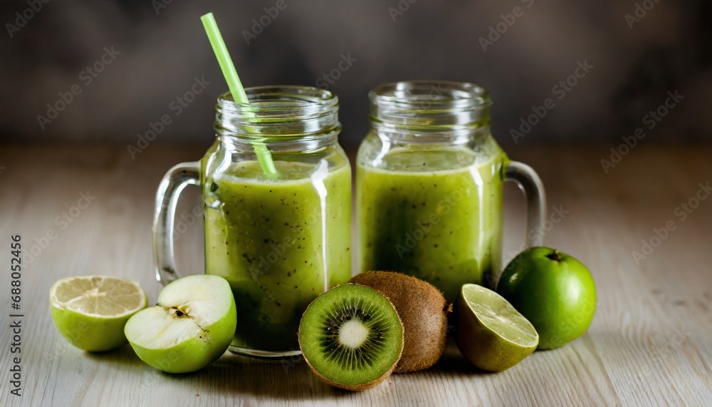 Glass jar mugs with green health smoothie, kale leaves, lime, apple, kiwi Glass jar mugs with green health smoothie, kale leaves, lime, apple, kiwi