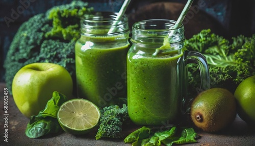 Glass jar mugs with green health smoothie  kale leaves  lime  apple  kiwi 
