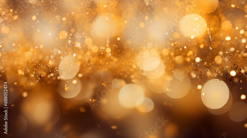 Backdrop of abstract yellow and golden bokeh glitter lights. Blurred shiny, glowing festive wallpaper for xmas, party, holiday, birthday, invitation. © Irina