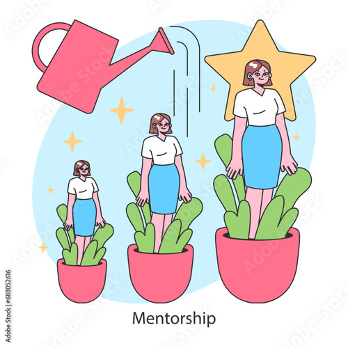 Mentorship concept. Nurturing potential as a mentor waters growth, with a protege reaching a star of achievement. Cultivating success through guidance. Flat vector illustration.