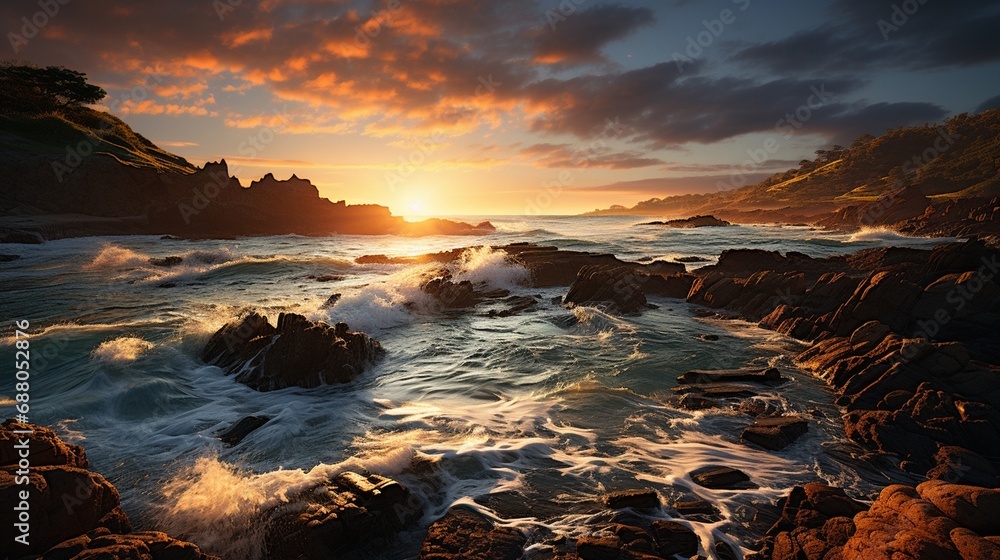 A coastal cliffside at sunset, with waves crashing against rugged rocks, creating a dynamic seascape that captures the enduring beauty and strength of the natural world A coastal cliffside at sunset, with waves crashing against rugged rocks, creating a dynamic seascape that captures the enduring beauty and strength of the natural world