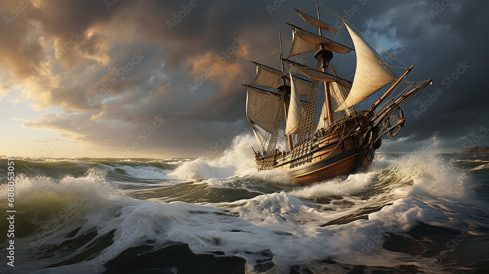 Obraz premium 3d rendered photo of ship on the ocean made with generative AI
