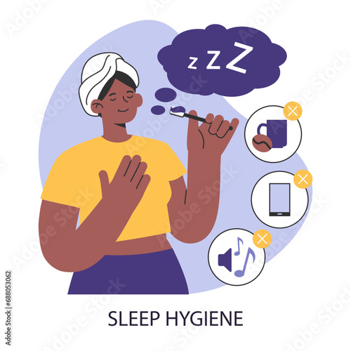 Sleep hygiene. Better sleep routine. Peaceful serene woman getting ready for the night, rejecting caffeine, blue screen and loud noises to prevent insomnia. Flat vector illustration.
