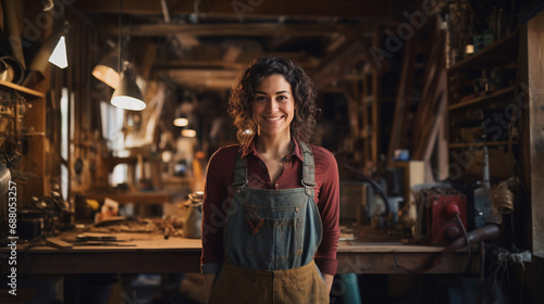 Joyful and satisfied carpenter craftswoman in apron working at cozy workshop, AI Generated photo