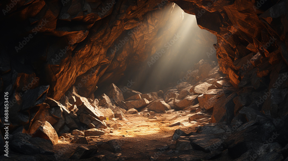 Mystical Cave Entrance Bathed in Sunlight: A Gateway to Nature's Untouched Beauty - obrazy, fototapety, plakaty 