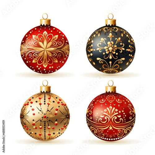 christmas, ball, decoration, holiday, celebration, ornament, xmas, winter, glass, sphere, gold, bauble, season, red, vector, hanging, year, new, color, december, baubles, object, set, snowflake, illus