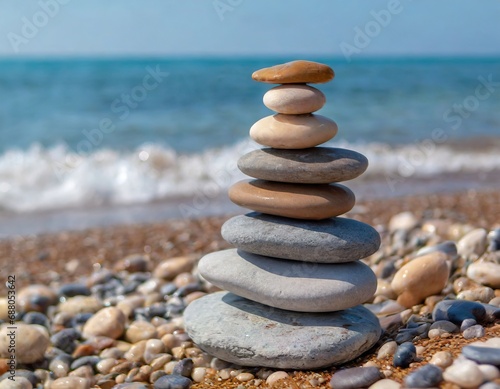 he pebble tower balances harmony stones on the sea beach. Relaxing peaceful spa tranquility concept