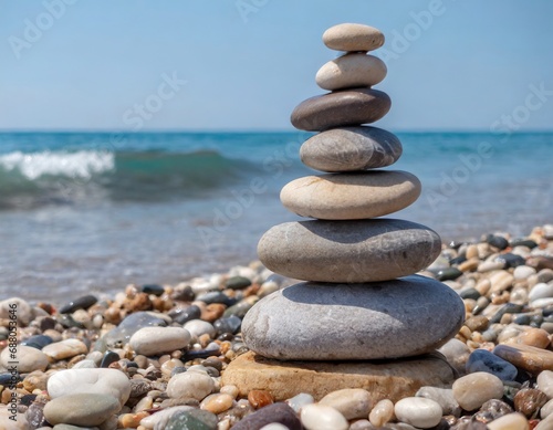 he pebble tower balances harmony stones on the sea beach. Relaxing peaceful spa tranquility concept