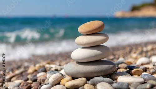 he pebble tower balances harmony stones on the sea beach. Relaxing peaceful spa tranquility concept