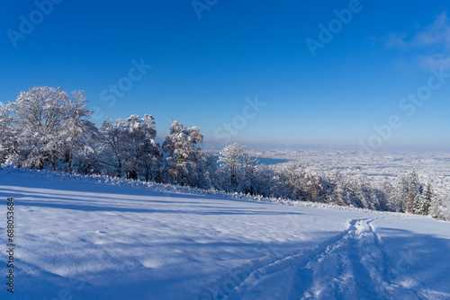 View from mountain above a snowcovered field and trees on a white landscape with lake