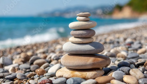 he pebble tower balances harmony stones on the sea beach. Relaxing peaceful spa tranquility concept