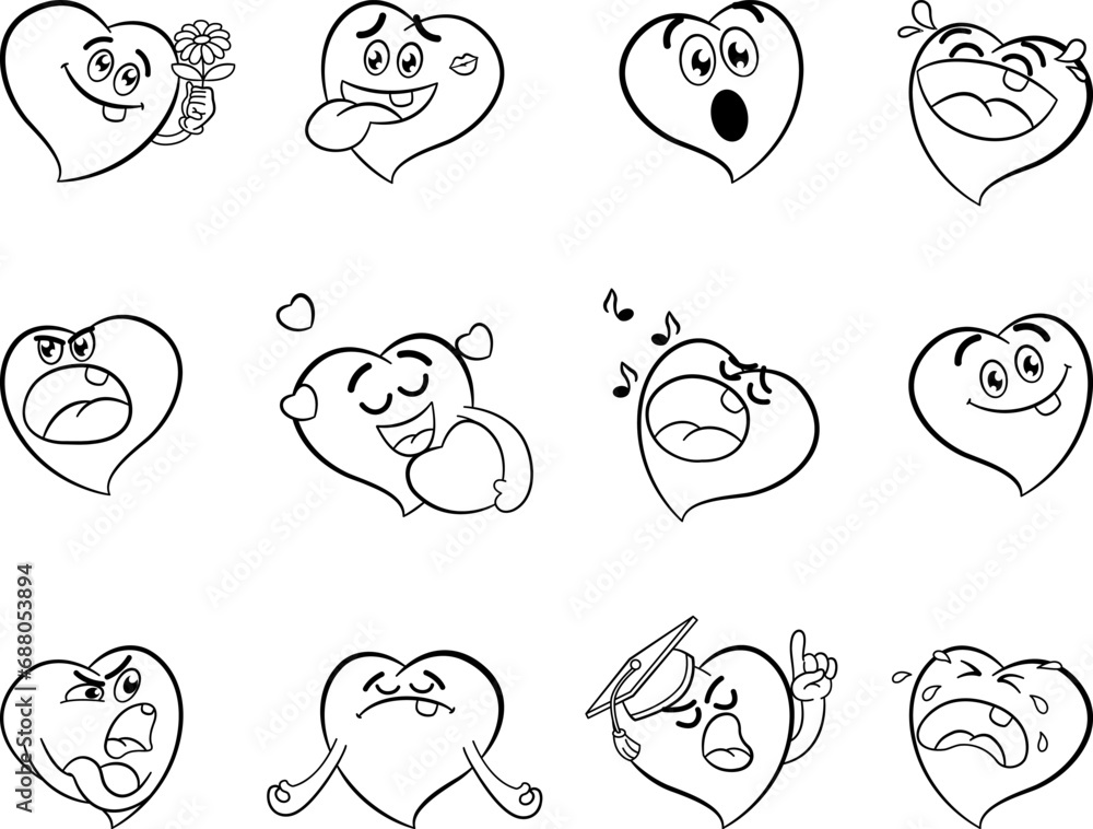 Set of Funny Cartoon Hearts for Coloring. Emotions Faces. 12 Vector Character Illustrations for Valentines Day