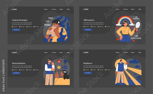 Overcoming fears web or landing dark or night mode set. Characters confronting fears with desensitization, reframing and exposure strategy. Affirmations and visualization. Flat vector illustration