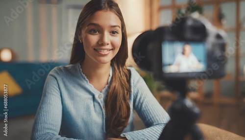 young female influencer recording a candid video for social media