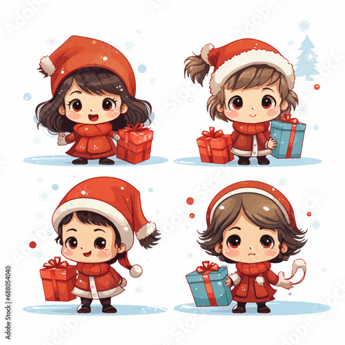 christmas, santa, cartoon, vector, holiday, claus, xmas, winter, hat, fun, santa claus, illustration, set, character, gift, celebration, children, boy, kid, snowman, elf, child, snow, icon, people
