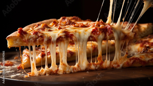 Ultimate Cheese Pull  Detailed Shot of a Pizza Slice with Melting Cheese and Rich Toppings