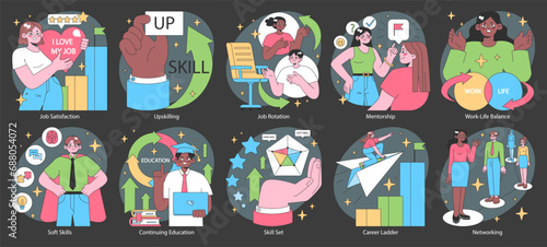 Professional growth dark or night mode set. Pathways and strategies for career advancement. Characters developing skills. Mentorship and networking. Work satisfaction. Flat vector illustration
