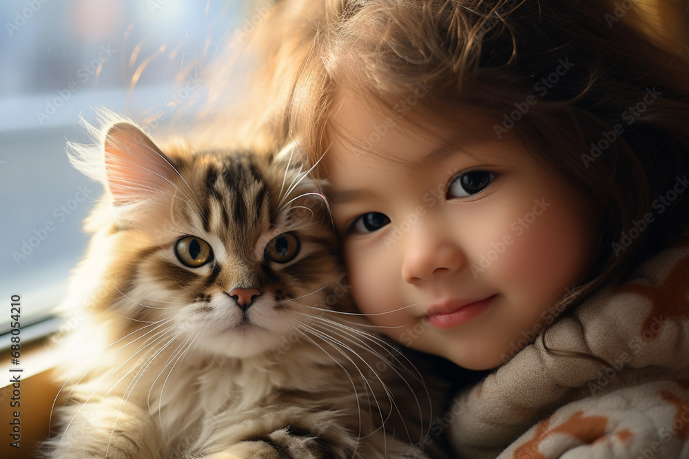Cute child hugging a cat near window at home. Cute child hugging a cat near window at home.