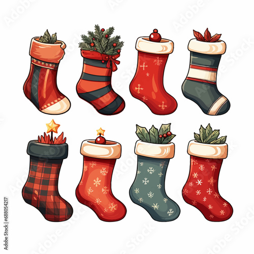 christmas, sock, stocking, gift, holiday, decoration, xmas, socks, celebration, santa, illustration, red, present, christmas stocking, vector, season, december, stockings, isolated, ornament, hanging,