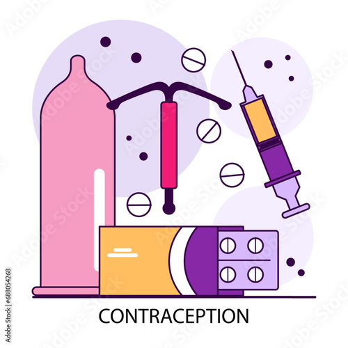 Contraceptive method. Reproductive health choice. Birth control, pregnancy prevention and hormonal cycle stabilization. Sex education. Flat vector illustration