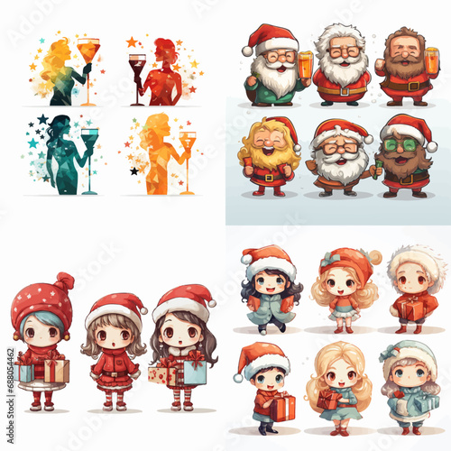 christmas, santa, cartoon, vector, xmas, holiday, claus, santa claus, illustration, hat, winter, fun, set, celebration, character, gift, boy, children, card, cute, kid, face, merry, smile, art