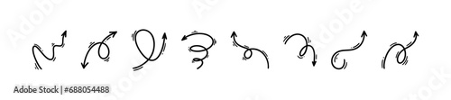 Set oh doodle swoosh arrows. Motion and movement effects. Direction sign. Curled, swirl, swash,  flourish line design elements. Hand drawn sketch vector illustration