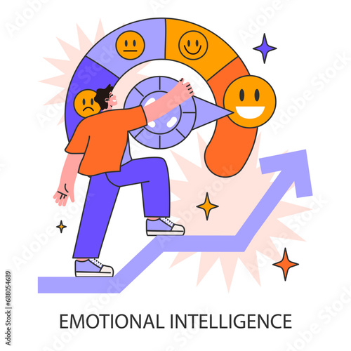 A man navigates his emotional intelligence, adjusting moods on a dynamic wheel. Self-awareness journey. Mood calibration. Flat vector illustration.