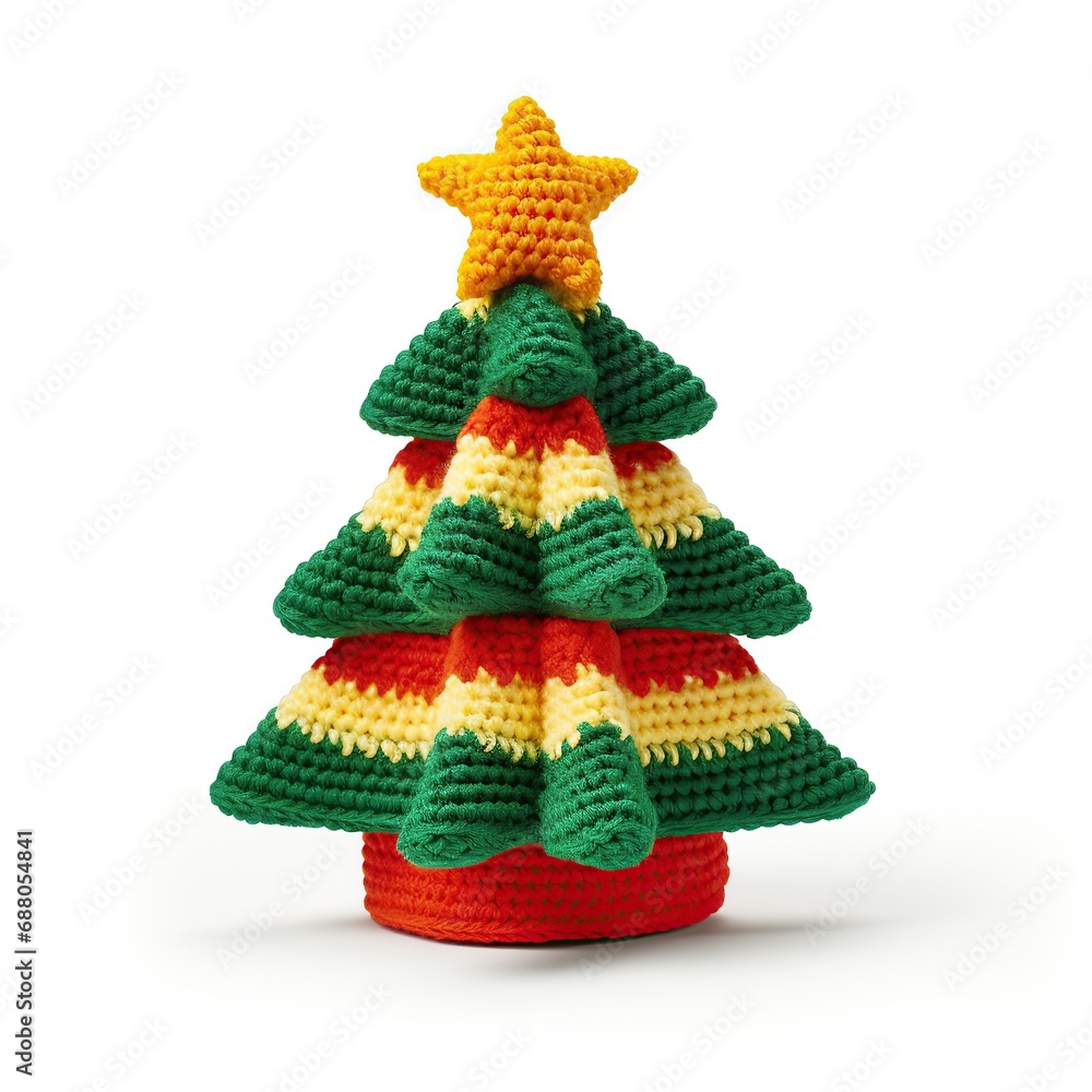 Handmade crochet Christmas tree with colorful yarn layers. Festive knitted yarn Christmas tree decoration with a star topper. Unique handcrafted green, red, and yellow crochet holiday tree.