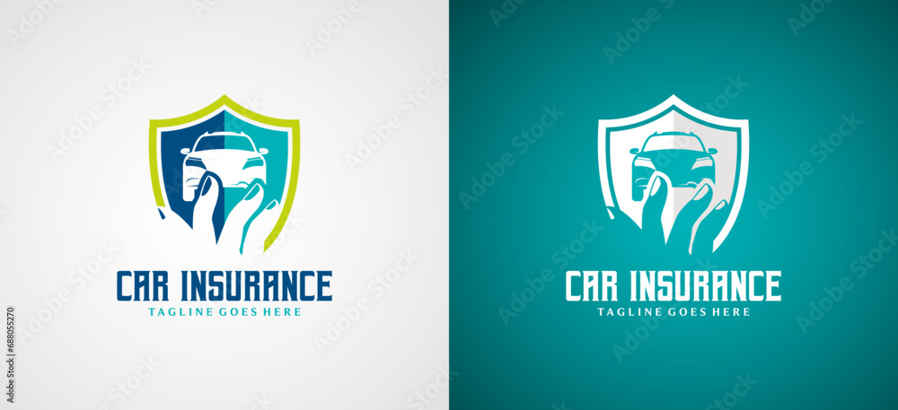 Car insurance shield logo design, vector auto care symbol - obrazy, fototapety, plakaty 