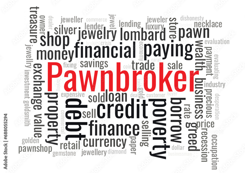 Illustration in the form of a cloud of words related to pawnbroker