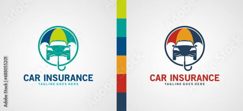 Car insurance logo design with protective umbrella vector symbol