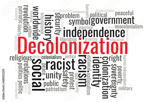 Illustration in the form of a cloud of words related to a Decolonization