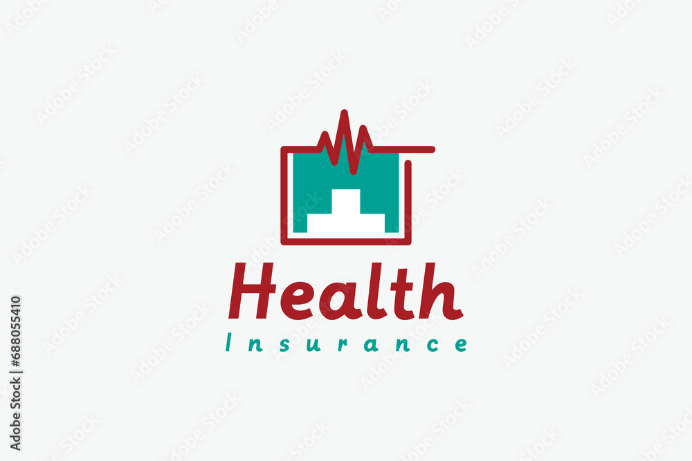Health insurance logo design with vector cross symbol and modern heartbeat icon