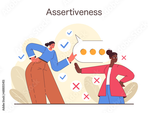 Assertiveness concept. Two individuals demonstrate assertive communication with visual checks and crosses indicating dos and don'ts. Engaging interpersonal skill development. Flat vector illustration