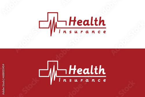 Health insurance logo design with vector cross symbol and heartbeat icon photo