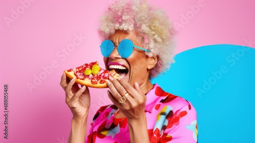 Happy senior woman indulges in a pizza slice.