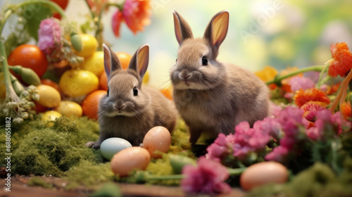close up of two cute easter bunnies and easter eggs in the garden