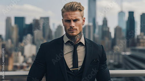 Handsome and muscular middle-aged rich man with blonde hair, blue eyes, and black shirt looking forward confidently with high city skyline background at daytime created with Generative AI technology