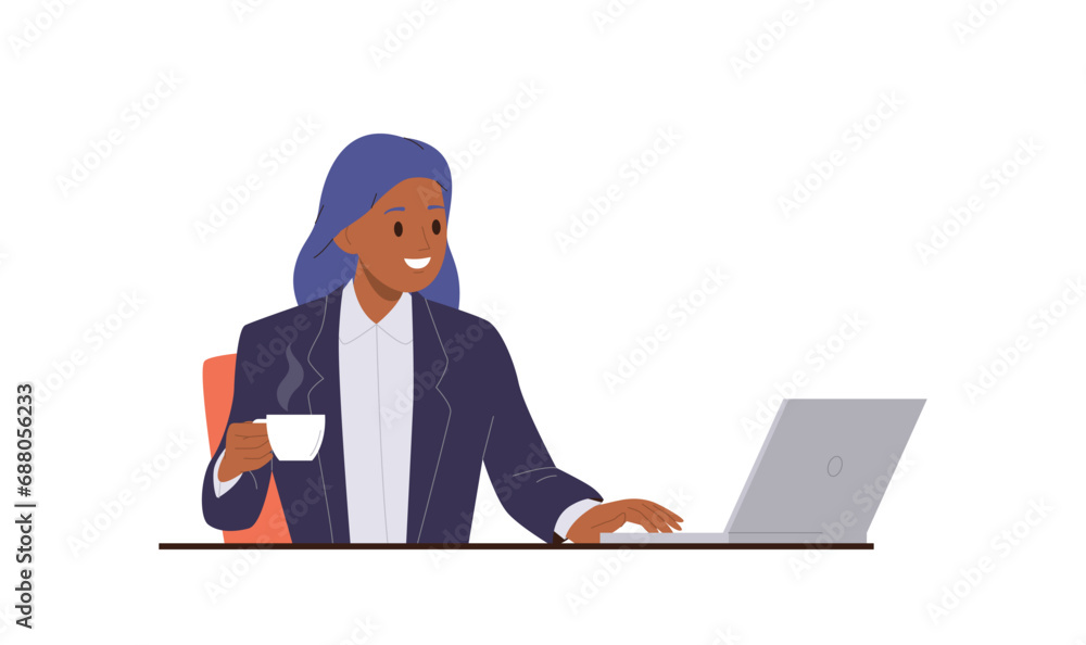 Isolated woman office worker cartoon character using laptop computer drinking coffee at workplace Isolated woman office worker cartoon character using laptop computer drinking coffee at workplace