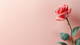 Minimalist blooming Red Pink Rose flowers with leaf on pastel colored background with empty space for text created with Generative AI technology
