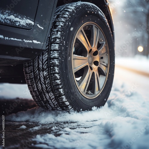 Car side close-up of snow-covered tire and snow-covered road, road safety concept, generative AI.