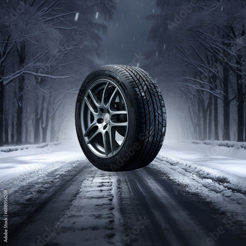 Close up of snowy winter tire and snow covered road, road safety concept, generative AI.