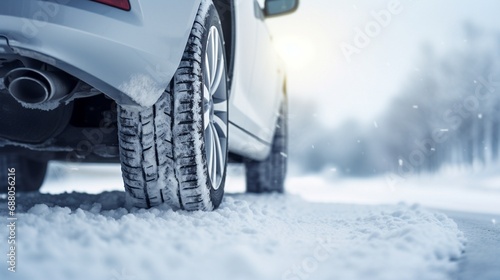 Car side close-up of snow-covered tire and snow-covered road, road safety concept, generative AI. © Aga Bak