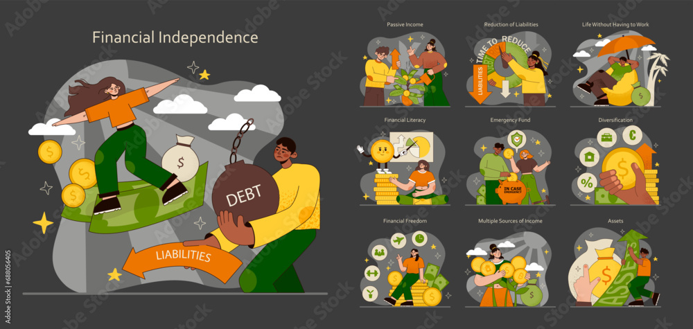 Naklejka premium Financial independence set. Steps to wealth, managing debt, and smart savings. Nurturing income and emergency planning. Flat vector illustration.