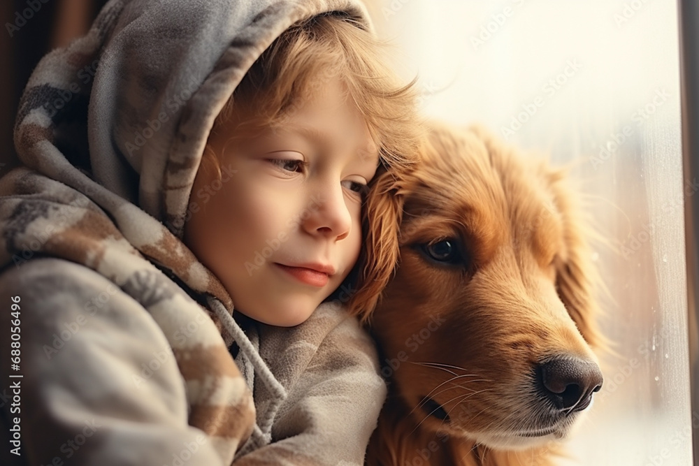 Cute child asian hugging a dog near window at home. Cute child asian hugging a dog near window at home.