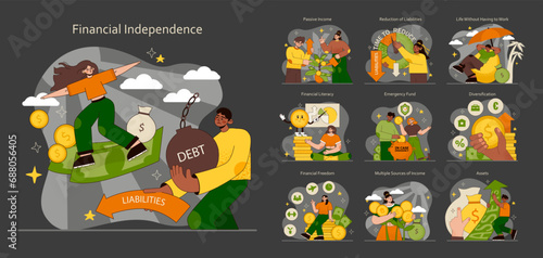 Financial independence set. Steps to wealth, managing debt, and smart savings. Nurturing income and emergency planning. Flat vector illustration.